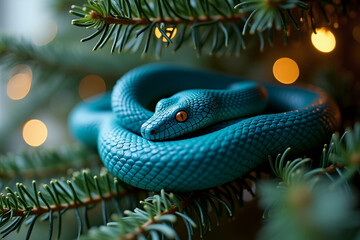 Fototapeta premium Cute blue snake on a fir tree branch surrounded by neon lights. Symbol of the year 2025 according to the astrological calendar. Copy space. AI generative.