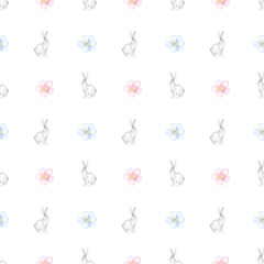 Flowers, rabbit. Watercolor seamless pattern on white background in pastel colors. Cute Easter illustration for textiles and wrapping paper