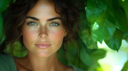 Fototapeta premium Young caucasian female with green eyes and curly hair in nature setting