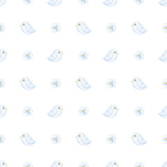 Bird, flowers. Watercolor seamless pattern on white background in pastel colors. Cute Easter illustration for textile and wrapping paper