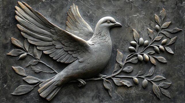 Intricate stone carving of a dove on an olive branch symbolizing peace and unity