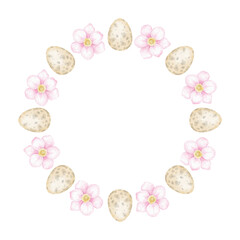 flowers, Easter egg. Round watercolor frame template on white background in pastel colors. Cute frame for invitations and greetings