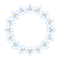 flowers. Round watercolor frame template on white background in pastel colors. Cute frame for invitations and congratulations