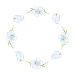 flowers, bird. Round watercolor frame template on white background in pastel colors. Cute frame for invitations and congratulations