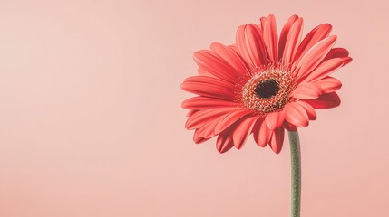 A vibrant red gerbera daisy against a muted coral pink background, artistic close-up shot, Minimalist style