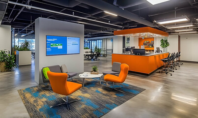 Office interior signage mockups - Modern office space with seating, a reception area, and digital display.