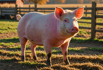 A pink pig stands in a sunlit farmyard, surrounded by a wooden fence and grassy fields