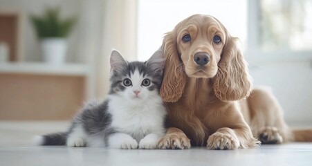 Cute kitten and puppy playing together in a bright indoor space during the afternoon