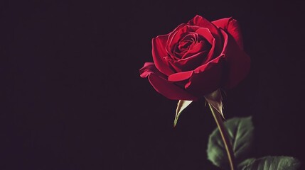 Fototapeta premium A vibrant red rose against a deep burgundy backdrop, close-up shot, Minimalist style