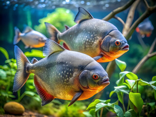 Fototapeta premium Two striking piranhas glide through a lush freshwater environment, surrounded by vibrant greenery. Their bright colors and playful movements create an engaging underwater display