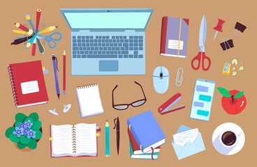 Top view flat lay vector illustration of workplace with laptop