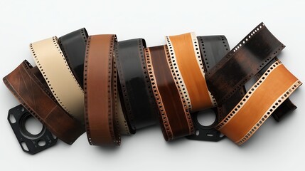 A collection of vintage film rolls in various shades of brown and black, sprawled across a white surface, accompanied by black plastic film spool holders.