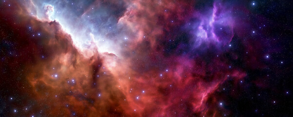 Fototapeta premium A nebula in space, a vibrant and colorful cloud of gas and dust. The colors range from deep blues to purples and reds, with stars scattered throughout the scene.