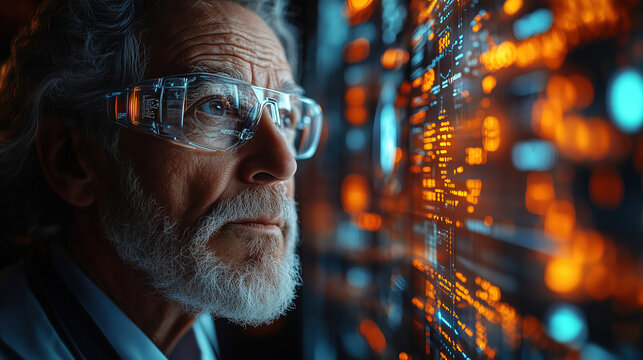 Senior scientist analyzes complex data on a futuristic digital interface in a dark laboratory environment. Generative AI