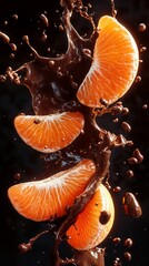 Juicy tangerine slices fall from top to bottom with splashes into dark liquid chocolate on a dark background