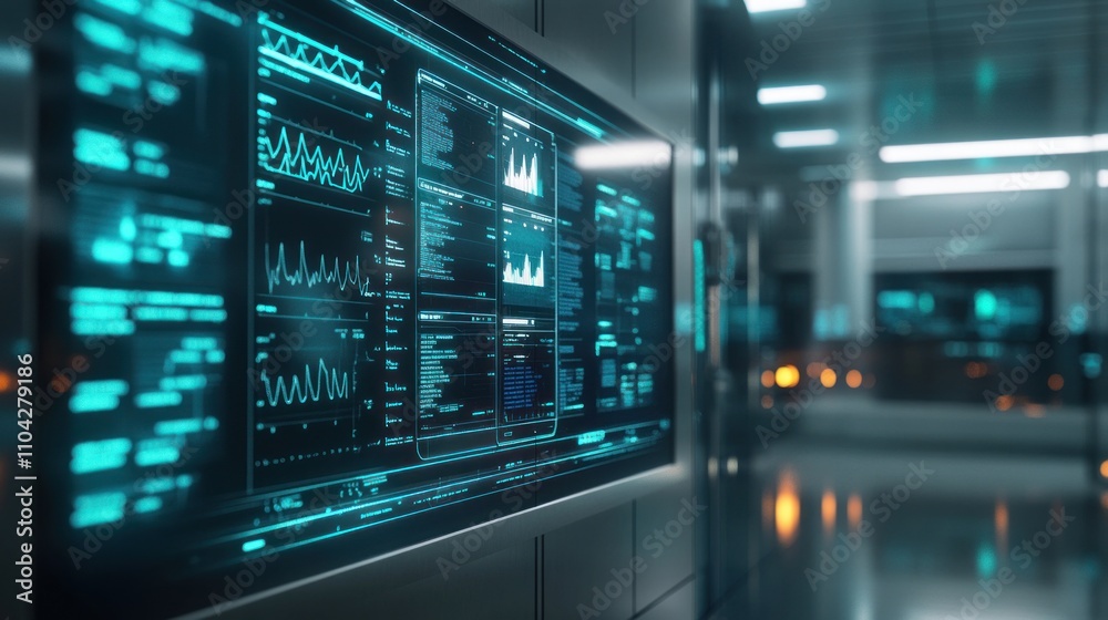 Poster futuristic data center: high-tech display screen with real-time data visualization