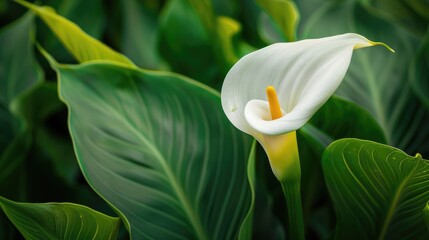 A white calla lily with a yellow spadix stands out amidst green leaves, displaying its elegance and purity.