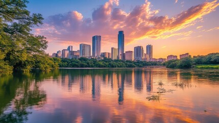 Austin Skyline Sunset Reflection