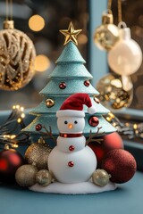 A cheerful snowman dons a festive Santa hat, standing proudly beside a beautifully decorated Christmas tree, radiating holiday spirit and joy.
