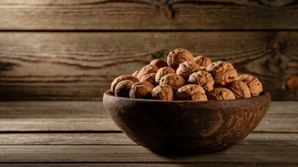 A wooden bowl filled with walnuts, standing on a wooden surface.