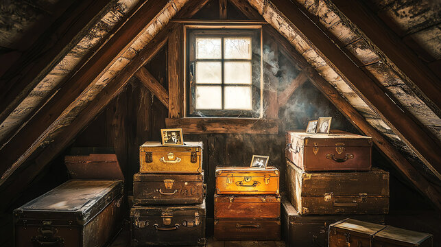Forgotten attic holds trunks and old photographs that tell stories from a bygone era