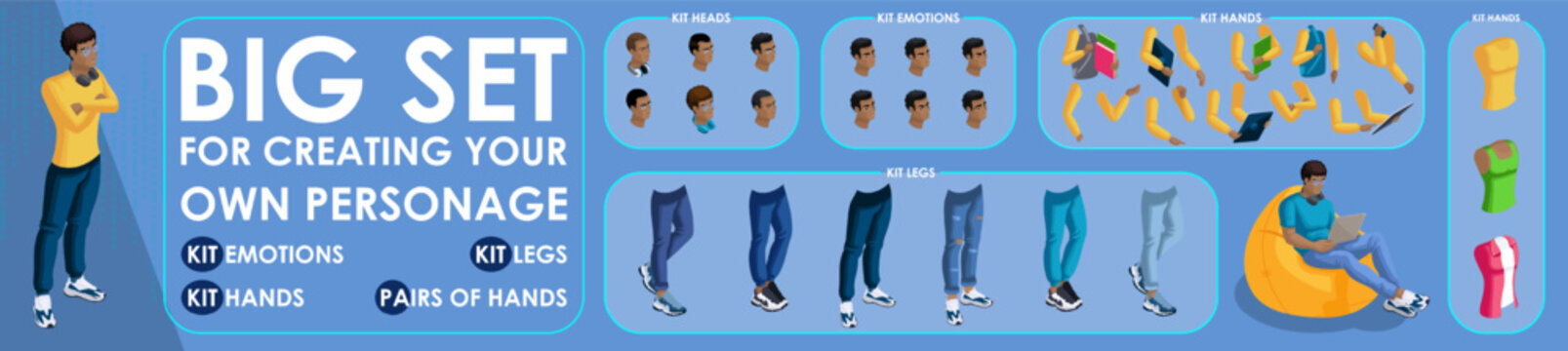 Isometric Black Man characters constructor for designed. Set various action N6. Set of Students personages flat style illustration