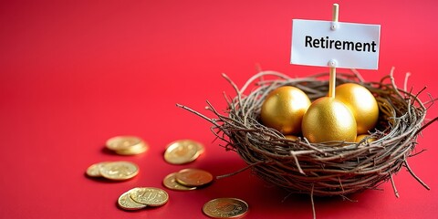 Retirement nest egg with golden eggs on red background