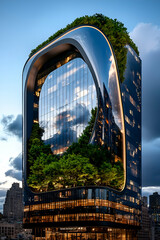 Obraz premium A modern skyscraper features a sleek design with curved glass and lush greenery integrated into its architecture.