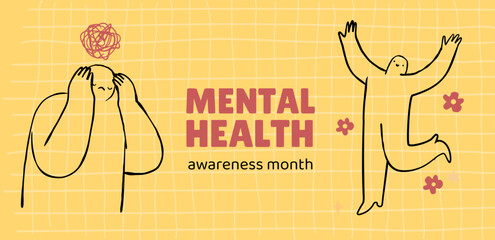 Mental health awareness month banner design.  Hand drawn doodle vector illustration