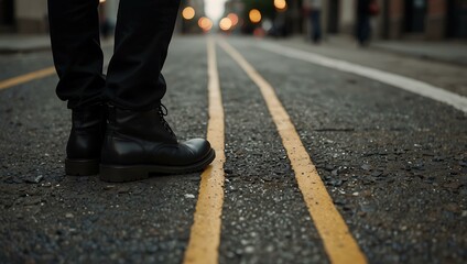 Black boots stepping on a city pavement.