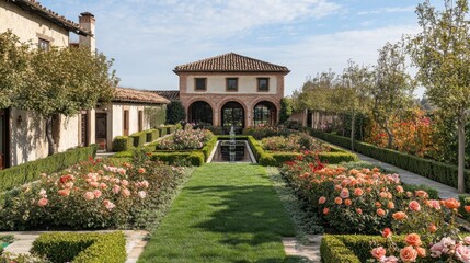 Obraz premium Serene Garden with Blooming Roses and Elegant Architecture in Daylight
