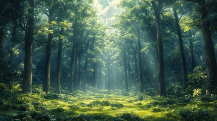 Fototapeta premium Sunbeams illuminate a path through a lush, green forest.