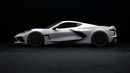 Sleek white sports car, sharply angled against a dark background. The design is futuristic and...