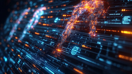 Fototapeta premium Digital data flow visualization with abstract lines and glowing elements in a dark background. Generative AI