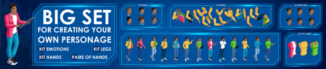 Isometric Black Man characters constructor for designed N4. Presentation in various action. Set of Students personages flat style illustration