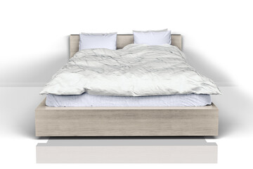 A modern bed with a light-colored wooden frame and soft bedding, designed for comfort and relaxation.