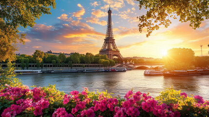  Paris and the Eiffel Tower at Sunset Viewed from the River Seine