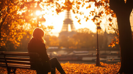 A Woman on a Bench Looking at the Eiffel Tower