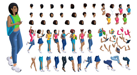 Isometric cartoon people, 3D Set for creating Black Student person. Full length gestures isolated, N4. Create your own design for vector