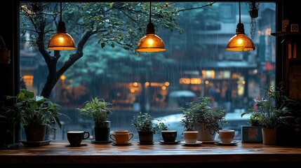 Obraz premium Cozy Café with Rainy Window View