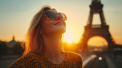 A Woman Enjoying the Sunset in Paris by the Eiffel Tower
