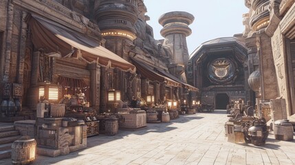 Futuristic Ancient-Egypt Style Marketplace with Glowing Artefacts and Robots - Ultra-Detailed Photorealistic Scene