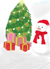 christmas tree with gifts and snowman