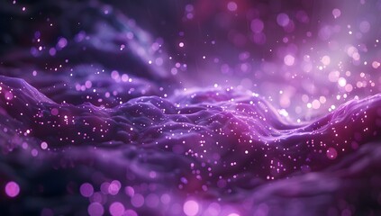 Fototapeta premium Glimmering purple landscape with sparkling particles. Dreamlike, magical, and ethereal.