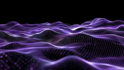 Abstract purple digital waves flow across a dark background.  A mesmerizing visual of data and technology.