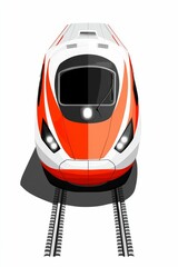 High-speed train, orange and white, on tracks.