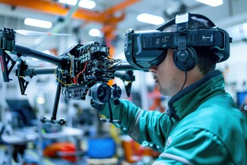 Engineers Utilizing VR for Precision Drone Assembly in Advanced Tech Production Facility