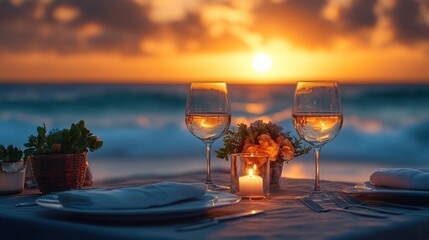 Romantic beachfront dinner at sunset with candlelit table setting
