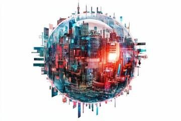 Cityscape encased in a glowing sphere.