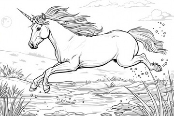 A majestic unicorn leaps gracefully over a stream, showcasing its flowing mane and magical presence in a whimsical landscape.